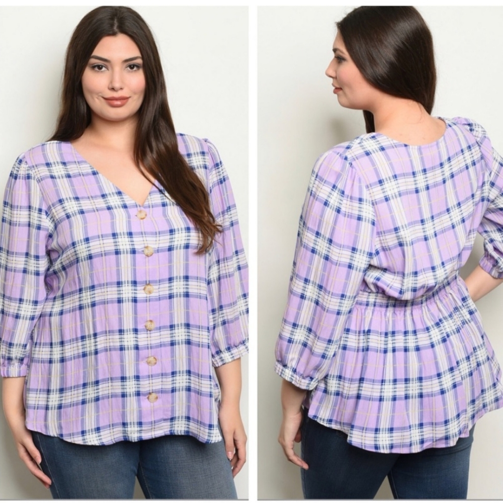 PLUS Size Lavender Checked Button Down Blouse